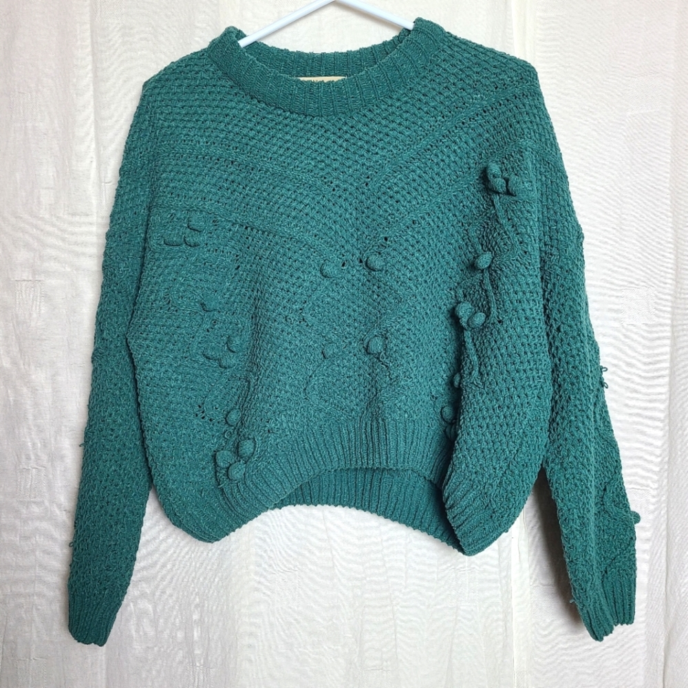 Pull&Bear Women's M Pullover Crop Sweater Teal Long Sleeve Chenille Popcorn Knit